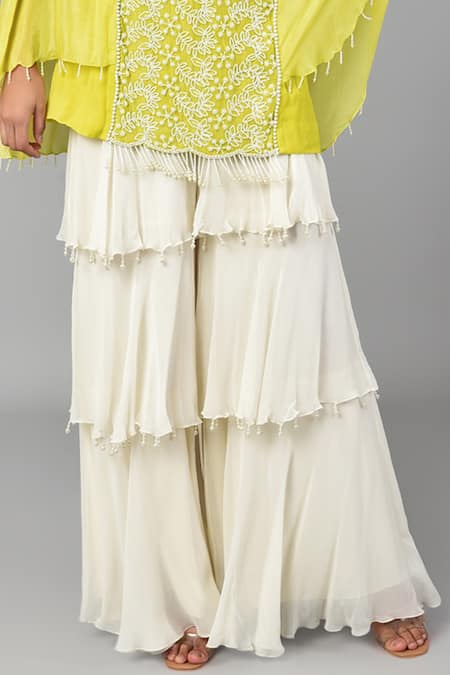 Keith Gomes_Green Chiffon Crepe And Georgette Bugle Beads & Embellished Tunic & Palazzo Set_at_Aza_Fashions