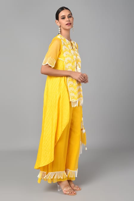 Keith Gomes_Yellow Chanderi , Cotton And Net Bugle & Kurta Palazzo Set_Online_at_Aza_Fashions