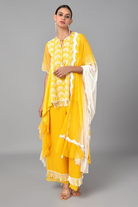 Buy_Keith Gomes_Yellow Chanderi , Cotton And Net Bugle & Kurta Palazzo Set_Online_at_Aza_Fashions
