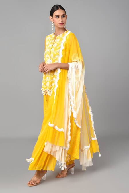 Shop_Keith Gomes_Yellow Chanderi , Cotton And Net Bugle & Kurta Palazzo Set_Online_at_Aza_Fashions