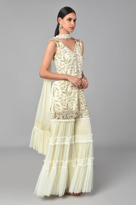 Keith Gomes_White Chanderi Silk And Net Sequin & , Bugle V Neck Kurta Sharara Set_Online_at_Aza_Fashions