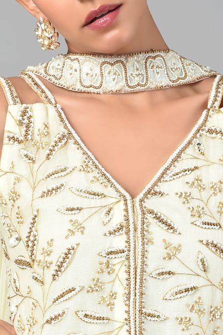 Keith Gomes_White Chanderi Silk And Net Sequin & , Bugle V Neck Kurta Sharara Set_at_Aza_Fashions