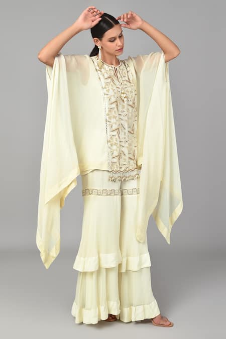 Buy_Keith Gomes_White Georgette And Organza Sequin & Beads, Zari Embroidered Tunic & Sharara Set_Online_at_Aza_Fashions