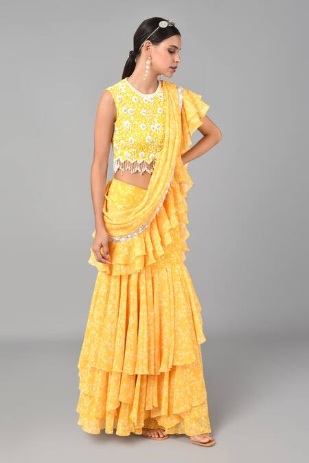 Keith Gomes_Yellow Georgette Beads And Thread, Floral Print Round Pre-draped Saree With Blouse_Online_at_Aza_Fashions