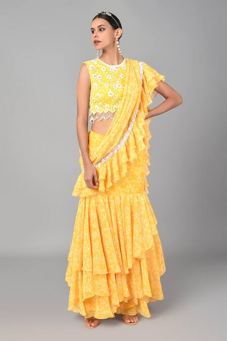 Buy_Keith Gomes_Yellow Georgette Beads And Thread, Floral Print Round Pre-draped Saree With Blouse_Online_at_Aza_Fashions