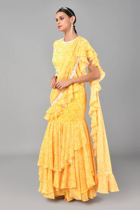 Shop_Keith Gomes_Yellow Georgette Beads And Thread, Floral Print Round Pre-draped Saree With Blouse_Online_at_Aza_Fashions