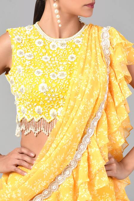 Keith Gomes_Yellow Georgette Beads And Thread, Floral Print Round Pre-draped Saree With Blouse_at_Aza_Fashions