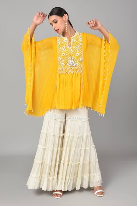 Buy_Keith Gomes_Yellow Georgette Bugle Beads, Pearl And Sequin Embroidered Tunic & Sharara Set_Online_at_Aza_Fashions