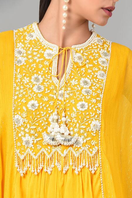 Shop_Keith Gomes_Yellow Georgette Bugle Beads, Pearl And Sequin Embroidered Tunic & Sharara Set_Online_at_Aza_Fashions