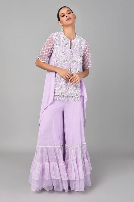Keith Gomes_Purple Georgette, Organza And Chanderi Silk Pearl, Embroidered Tunic & Palazzo Set_Online_at_Aza_Fashions