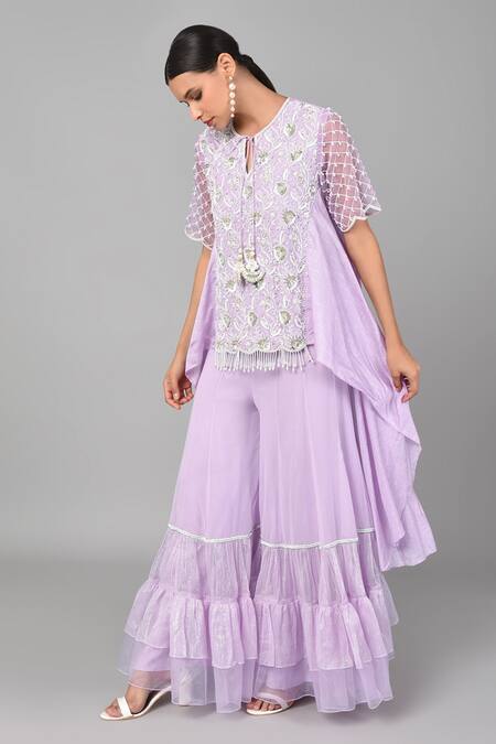 Buy_Keith Gomes_Purple Georgette, Organza And Chanderi Silk Pearl, Embroidered Tunic & Palazzo Set_Online_at_Aza_Fashions