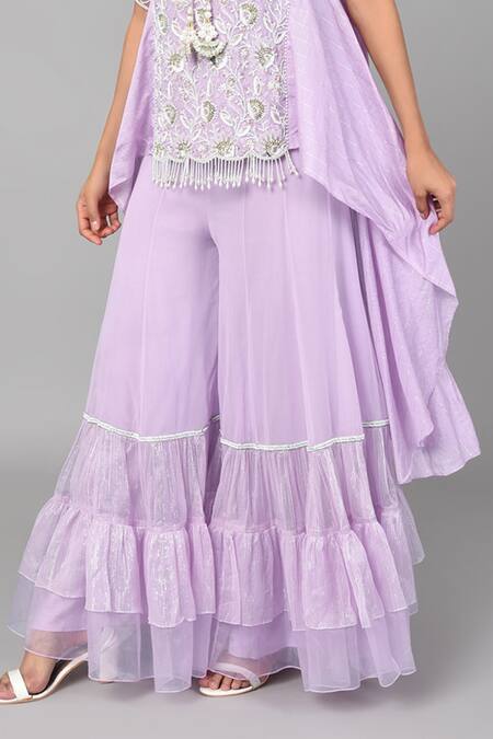 Keith Gomes_Purple Georgette, Organza And Chanderi Silk Pearl, Embroidered Tunic & Palazzo Set_at_Aza_Fashions