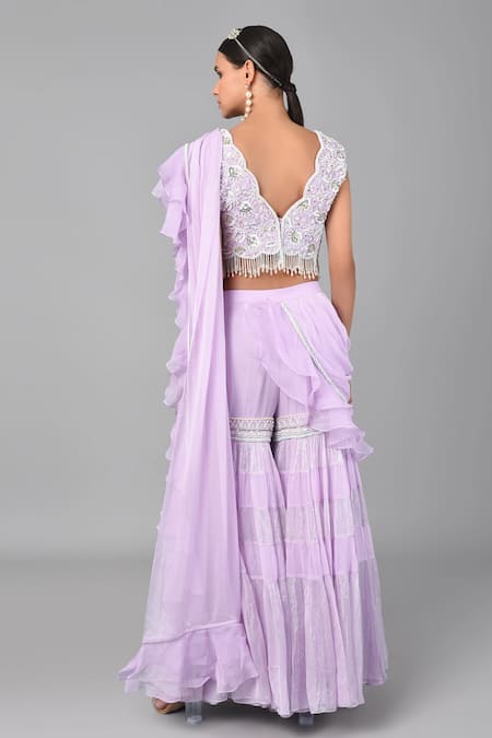 Shop Keith Gomes Purple Georgette Pearl, Thread Embroidered Pre-draped Sharara Saree With Blouse at Aza Fashions Shop_Keith Gomes_Purple Georgette Pearl, Thread Embroidered Pre-draped Sharara Saree With Blouse _at_Aza_Fashions