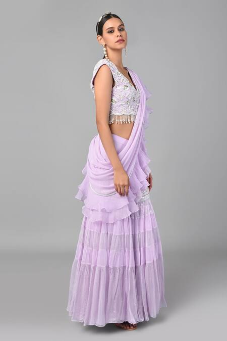 Keith Gomes Purple Georgette Pearl, Thread Embroidered Pre-draped Sharara Saree With Blouse Online at Aza Fashions Keith Gomes_Purple Georgette Pearl, Thread Embroidered Pre-draped Sharara Saree With Blouse _Online_at_Aza_Fashions
