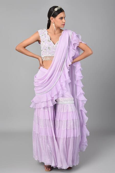 Buy Keith Gomes Purple Georgette Pearl, Thread Embroidered Pre-draped Sharara Saree With Blouse Online at Aza Fashions Buy_Keith Gomes_Purple Georgette Pearl, Thread Embroidered Pre-draped Sharara Saree With Blouse _Online_at_Aza_Fashions
