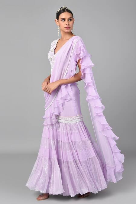 Shop Keith Gomes Purple Georgette Pearl, Thread Embroidered Pre-draped Sharara Saree With Blouse Online at Aza Fashions Shop_Keith Gomes_Purple Georgette Pearl, Thread Embroidered Pre-draped Sharara Saree With Blouse _Online_at_Aza_Fashions