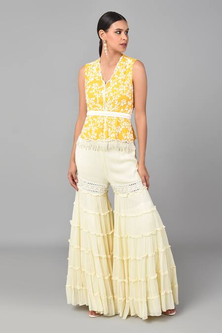 Buy_Keith Gomes_Yellow Georgette Mirror And Beads V Neck Embroidered Tunic & Sharara Set_Online_at_Aza_Fashions