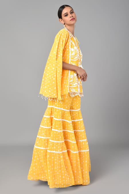 Keith Gomes Yellow Georgette Beads And Thread, Geometric Embroidered Tunic & Sharara Set Online at Aza Fashions Keith Gomes_Yellow Georgette Beads And Thread, Geometric Embroidered Tunic & Sharara Set _Online_at_Aza_Fashions