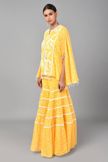 Shop Keith Gomes Yellow Georgette Beads And Thread, Geometric Embroidered Tunic & Sharara Set Online at Aza Fashions Shop_Keith Gomes_Yellow Georgette Beads And Thread, Geometric Embroidered Tunic & Sharara Set _Online_at_Aza_Fashions