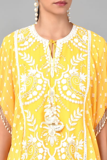 Keith Gomes Yellow Georgette Beads And Thread, Geometric Embroidered Tunic & Sharara Set at Aza Fashions Keith Gomes_Yellow Georgette Beads And Thread, Geometric Embroidered Tunic & Sharara Set _at_Aza_Fashions