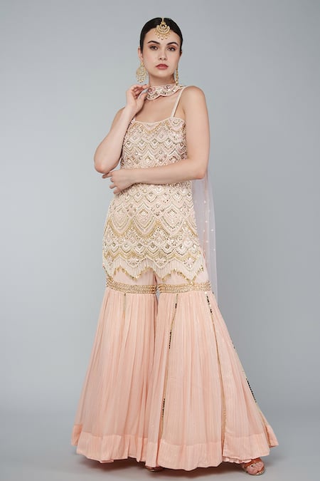Keith Gomes Pink Net, Georgette Pearl, Zari Sweetheart Neck Embroidered Tunic Gharara Set