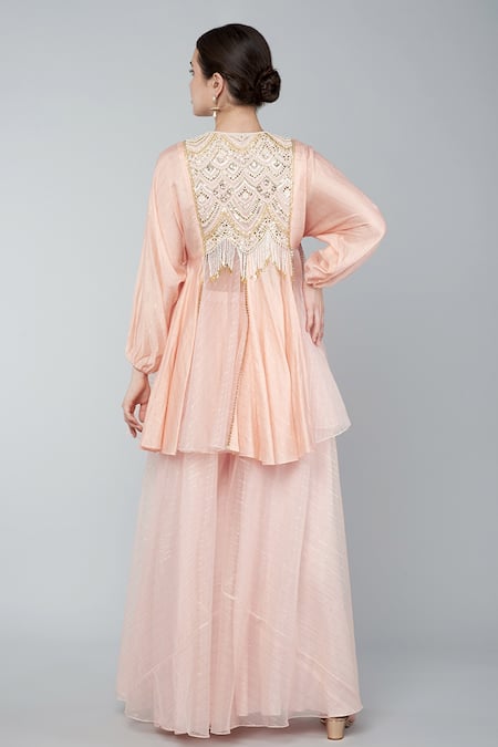 Shop Keith Gomes Pink Georgette, Chiffon Crepe Pearl, Zari Keyhole Embroidered Tunic Palazzo Set at Aza Fashions Shop_Keith Gomes_Pink Georgette, Chiffon Crepe Pearl, Zari Keyhole Embroidered Tunic Palazzo Set _at_Aza_Fashions