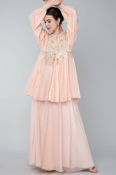 Keith Gomes Pink Georgette, Chiffon Crepe Pearl, Zari Keyhole Embroidered Tunic Palazzo Set Online at Aza Fashions Keith Gomes_Pink Georgette, Chiffon Crepe Pearl, Zari Keyhole Embroidered Tunic Palazzo Set _Online_at_Aza_Fashions