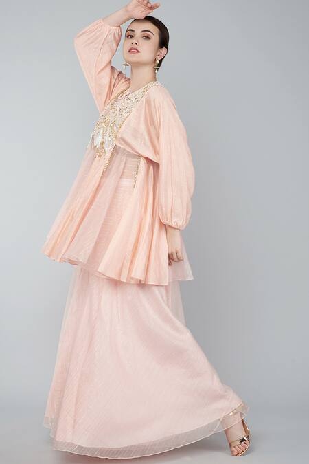 Buy Keith Gomes Pink Georgette, Chiffon Crepe Pearl, Zari Keyhole Embroidered Tunic Palazzo Set Online at Aza Fashions Buy_Keith Gomes_Pink Georgette, Chiffon Crepe Pearl, Zari Keyhole Embroidered Tunic Palazzo Set _Online_at_Aza_Fashions