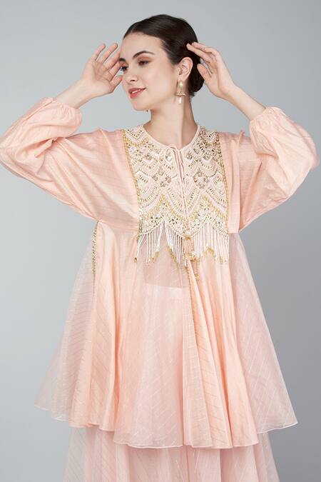 Shop Keith Gomes Pink Georgette, Chiffon Crepe Pearl, Zari Keyhole Embroidered Tunic Palazzo Set Online at Aza Fashions Shop_Keith Gomes_Pink Georgette, Chiffon Crepe Pearl, Zari Keyhole Embroidered Tunic Palazzo Set _Online_at_Aza_Fashions