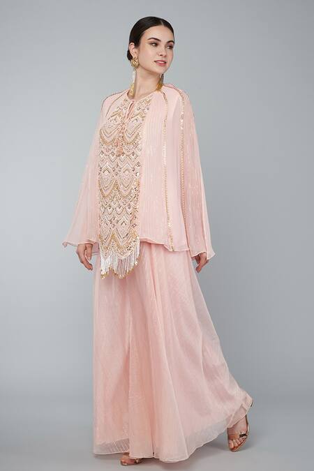 Keith Gomes_Pink Organza, Georgette Pearl, Zari Round Embroidered Tunic And Palazzo Set_Online_at_Aza_Fashions