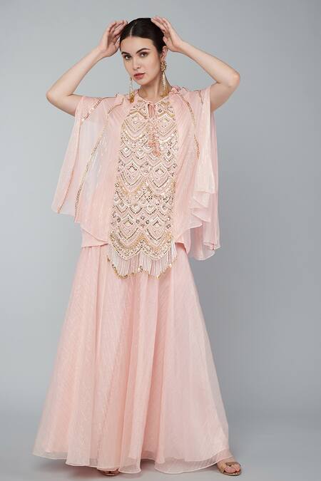 Buy_Keith Gomes_Pink Organza, Georgette Pearl, Zari Round Embroidered Tunic And Palazzo Set_Online_at_Aza_Fashions