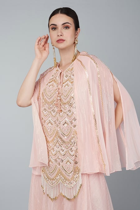 Shop_Keith Gomes_Pink Organza, Georgette Pearl, Zari Round Embroidered Tunic And Palazzo Set_Online_at_Aza_Fashions