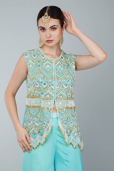 Buy_Keith Gomes_Blue Georgette, Chiffon Crepe Pearls Round Embroidered Peplum Top And Sharara Set_Online_at_Aza_Fashions