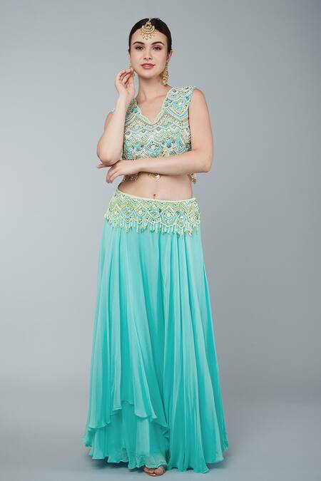 Keith Gomes_Blue Net, Georgette Pearls Scallop Layered Lehenga Set With Embroidered Blouse_Online_at_Aza_Fashions