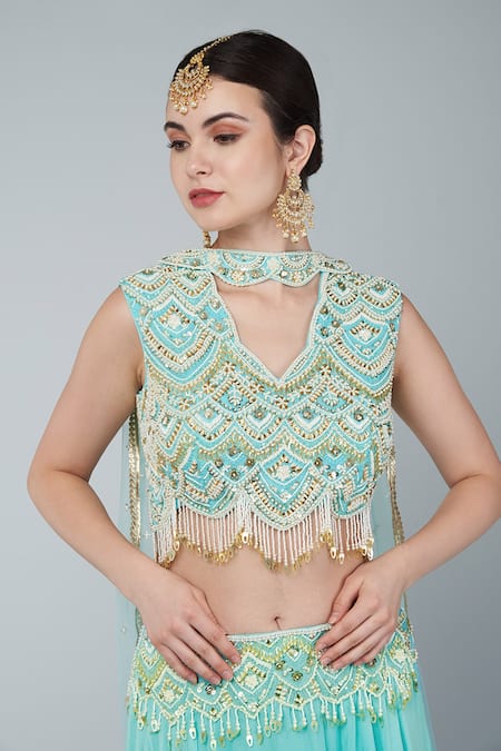 Shop_Keith Gomes_Blue Net, Georgette Pearls Scallop Layered Lehenga Set With Embroidered Blouse_Online_at_Aza_Fashions