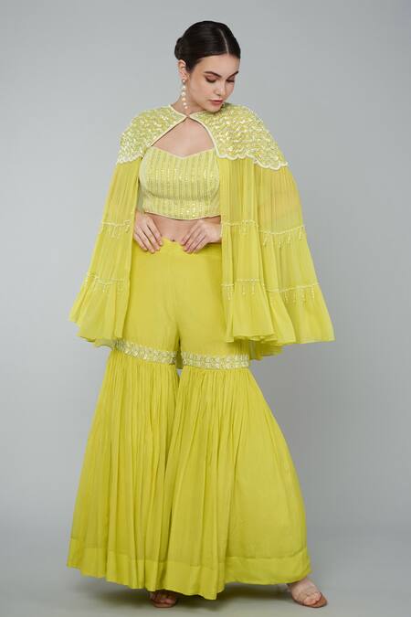 Keith Gomes Yellow Georgette, Chiffon Crepe Sequins Blousev Neck, Embroidered Gharara Set Online at Aza Fashions Keith Gomes_Yellow Georgette, Chiffon Crepe Sequins Blousev Neck, Embroidered Gharara Set_Online_at_Aza_Fashions