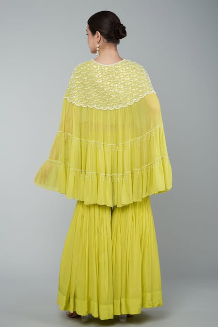 Shop Keith Gomes Yellow Georgette, Chiffon Crepe Sequins Blousev Neck, Embroidered Gharara Set at Aza Fashions Shop_Keith Gomes_Yellow Georgette, Chiffon Crepe Sequins Blousev Neck, Embroidered Gharara Set_at_Aza_Fashions