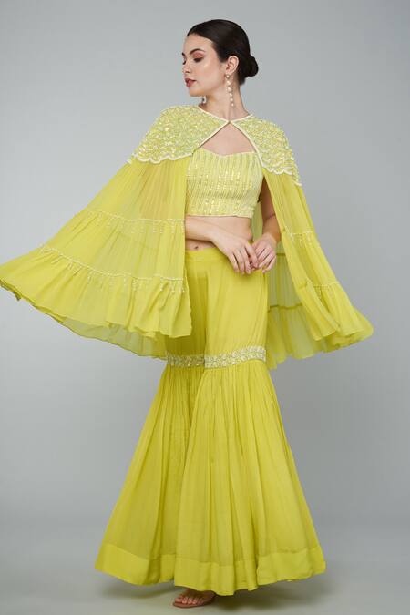 Buy Keith Gomes Yellow Georgette, Chiffon Crepe Sequins Blousev Neck, Embroidered Gharara Set Online at Aza Fashions Buy_Keith Gomes_Yellow Georgette, Chiffon Crepe Sequins Blousev Neck, Embroidered Gharara Set_Online_at_Aza_Fashions