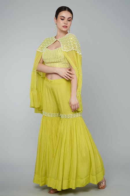 Shop Keith Gomes Yellow Georgette, Chiffon Crepe Sequins Blousev Neck, Embroidered Gharara Set Online at Aza Fashions Shop_Keith Gomes_Yellow Georgette, Chiffon Crepe Sequins Blousev Neck, Embroidered Gharara Set_Online_at_Aza_Fashions