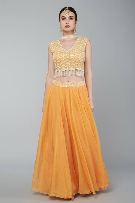 Keith Gomes_Orange Organza, Georgette Sequins Panelled Lehenga Set With Embroidered Blouse_Online_at_Aza_Fashions