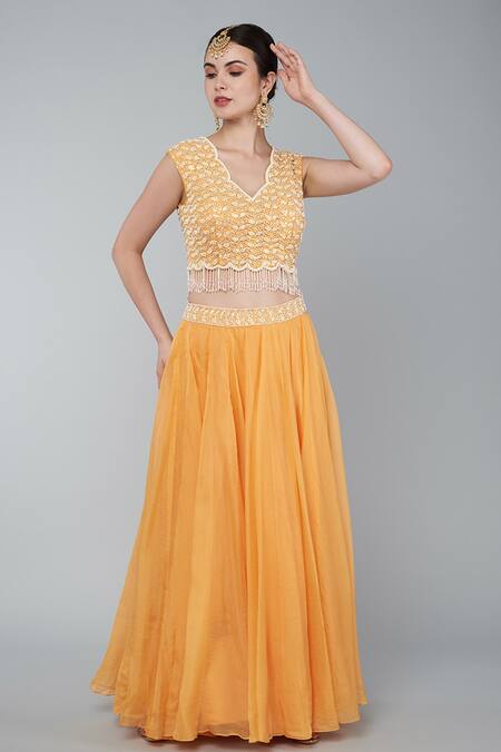Buy_Keith Gomes_Orange Organza, Georgette Sequins Panelled Lehenga Set With Embroidered Blouse_Online_at_Aza_Fashions