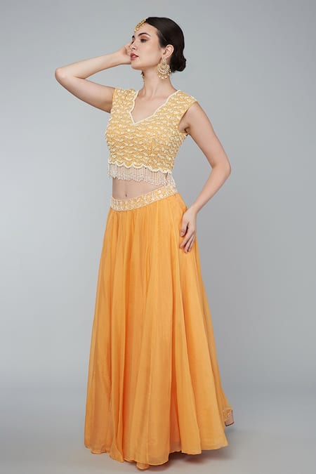 Shop_Keith Gomes_Orange Organza, Georgette Sequins Panelled Lehenga Set With Embroidered Blouse_Online_at_Aza_Fashions