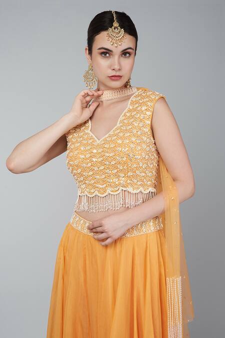 Keith Gomes_Orange Organza, Georgette Sequins Panelled Lehenga Set With Embroidered Blouse_at_Aza_Fashions