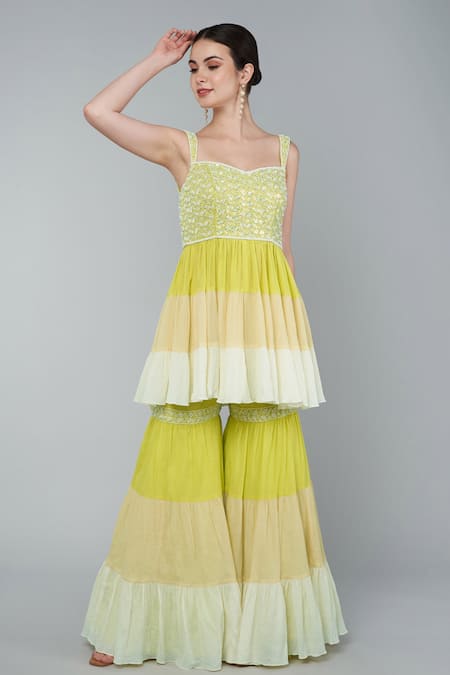 Keith Gomes Yellow Georgette, Cotton Chiffon Sequins Embroidered Peplum Top And Gharara Set