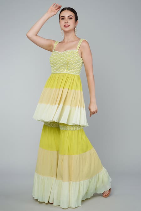 Keith Gomes Yellow Georgette, Cotton Chiffon Sequins Embroidered Peplum Top And Gharara Set Online at Aza Fashions Keith Gomes_Yellow Georgette, Cotton Chiffon Sequins Embroidered Peplum Top And Gharara Set_Online_at_Aza_Fashions