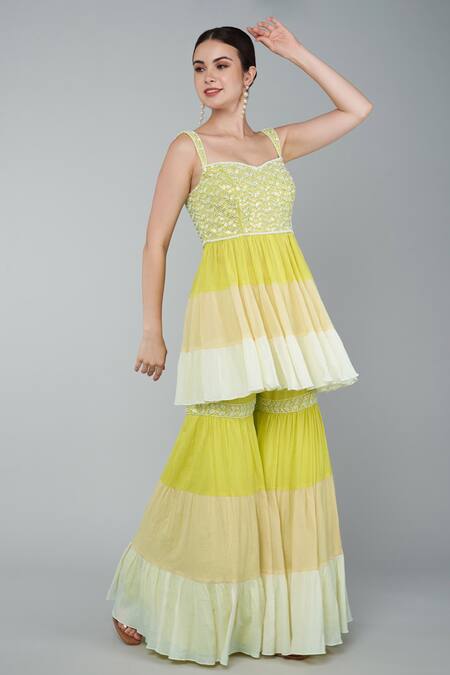 Buy Keith Gomes Yellow Georgette, Cotton Chiffon Sequins Embroidered Peplum Top And Gharara Set Online at Aza Fashions Buy_Keith Gomes_Yellow Georgette, Cotton Chiffon Sequins Embroidered Peplum Top And Gharara Set_Online_at_Aza_Fashions