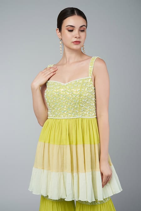 Shop Keith Gomes Yellow Georgette, Cotton Chiffon Sequins Embroidered Peplum Top And Gharara Set Online at Aza Fashions Shop_Keith Gomes_Yellow Georgette, Cotton Chiffon Sequins Embroidered Peplum Top And Gharara Set_Online_at_Aza_Fashions