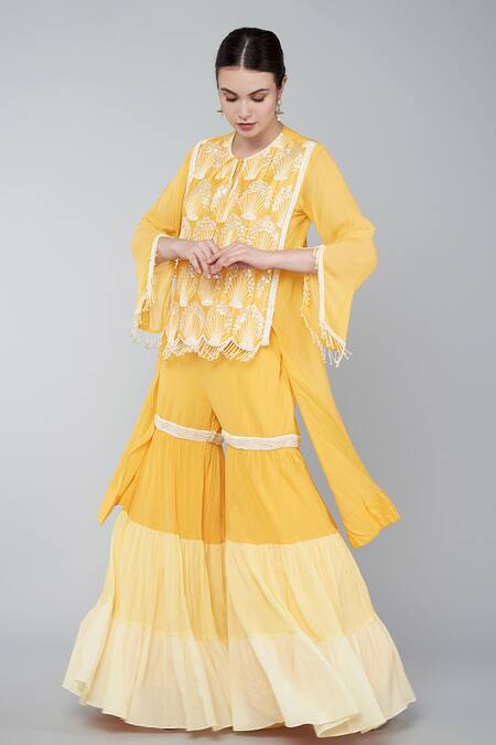 Keith Gomes_Orange Cotton Crush Beads And Flower Sequins Embroidered Tunic & Gharara Set_Online_at_Aza_Fashions