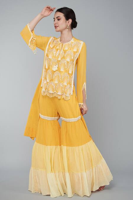 Buy_Keith Gomes_Orange Cotton Crush Beads And Flower Sequins Embroidered Tunic & Gharara Set_Online_at_Aza_Fashions