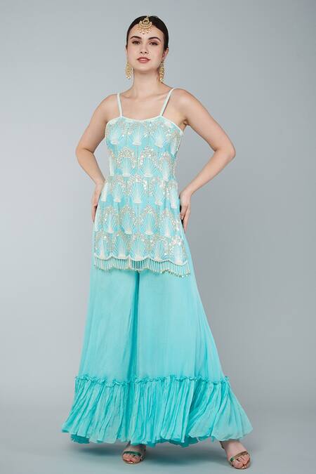 Keith Gomes_Blue Georgette, Chiffon Crepe Beads And Flower Embroidered Tunic Sharara Set_Online_at_Aza_Fashions